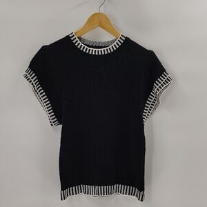 Black Short-Sleeve Knit Sweater with Contrast Trim